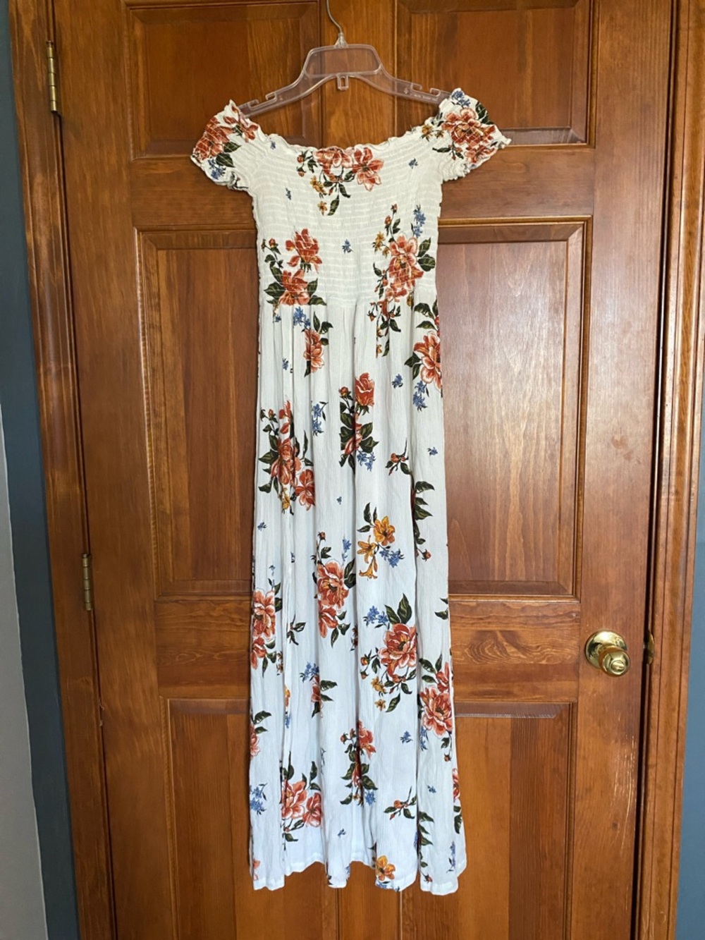 Rue21 white Off-Shoulder Maxi Dress with Rust Floral Print